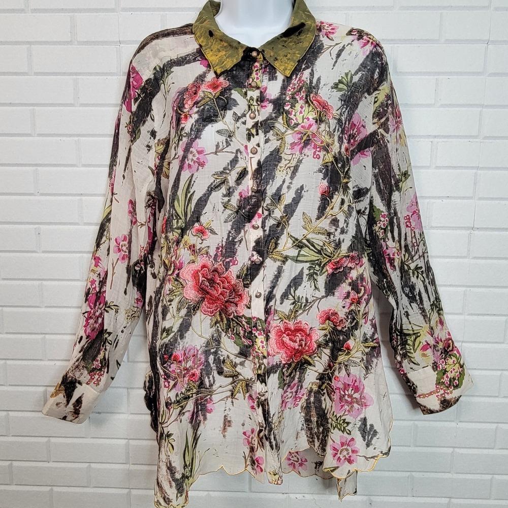Aratta Silent Journey Blouse Tunic Top Medium Embroidered Boho Artsy Sheer